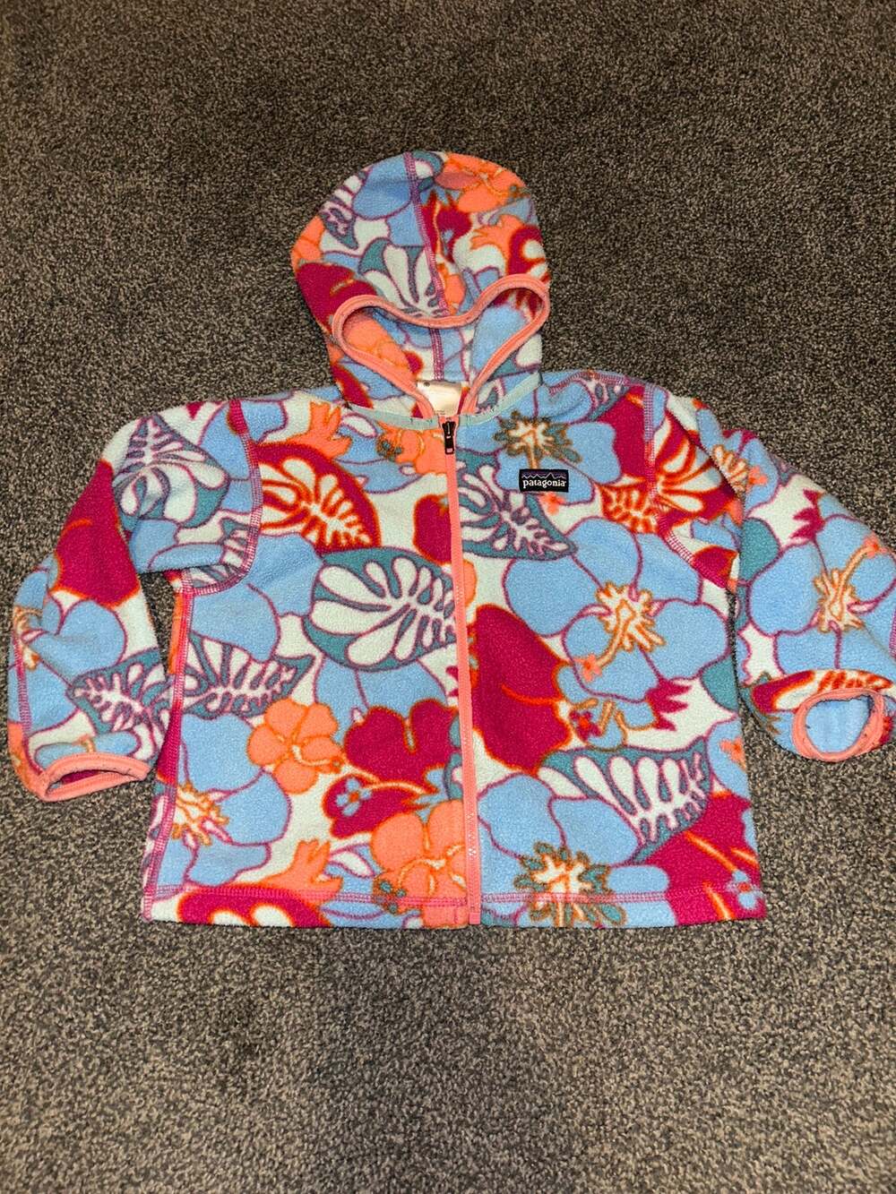 Patagonia fleece zip-up hooded jacket colorful blue, pink, orange floral 3t